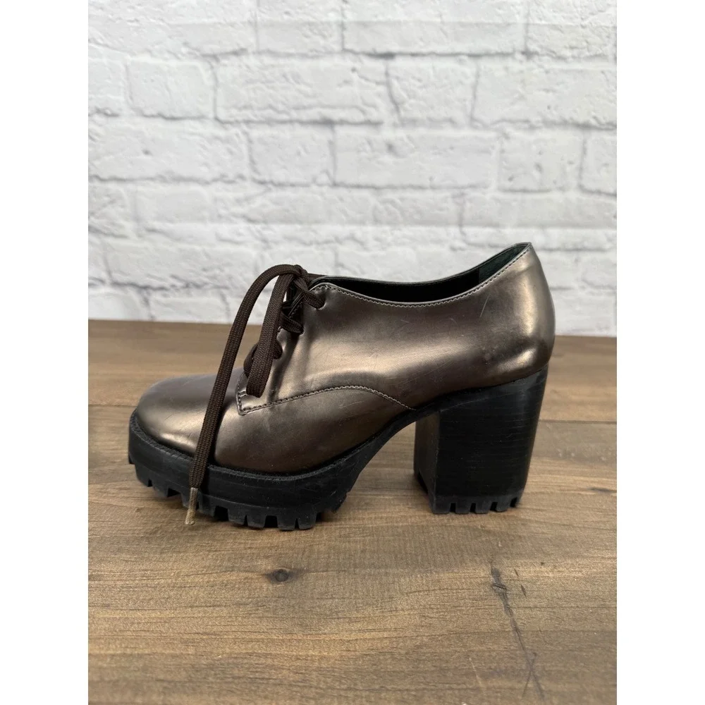 Schutz Metallic Platform Heels Womens 37 Bronze Lace Up Lug Sole Chunky Y2K